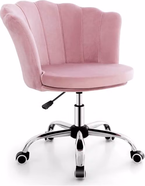Poltrona da ufficio ergonomica girevole a 360 gradi in velluto rosa con struttura in metallo e ruote piroettanti