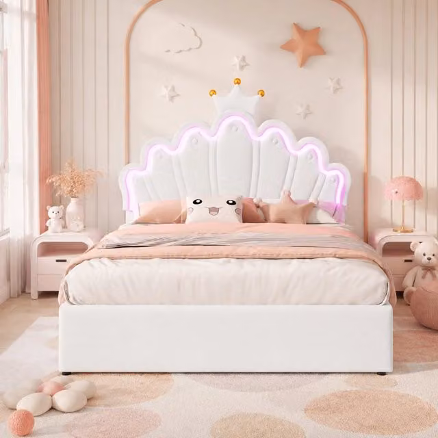 Letto per bambini con corona; LED multicolore e 2 cassetti; 140 x 200 cm; PU bianco