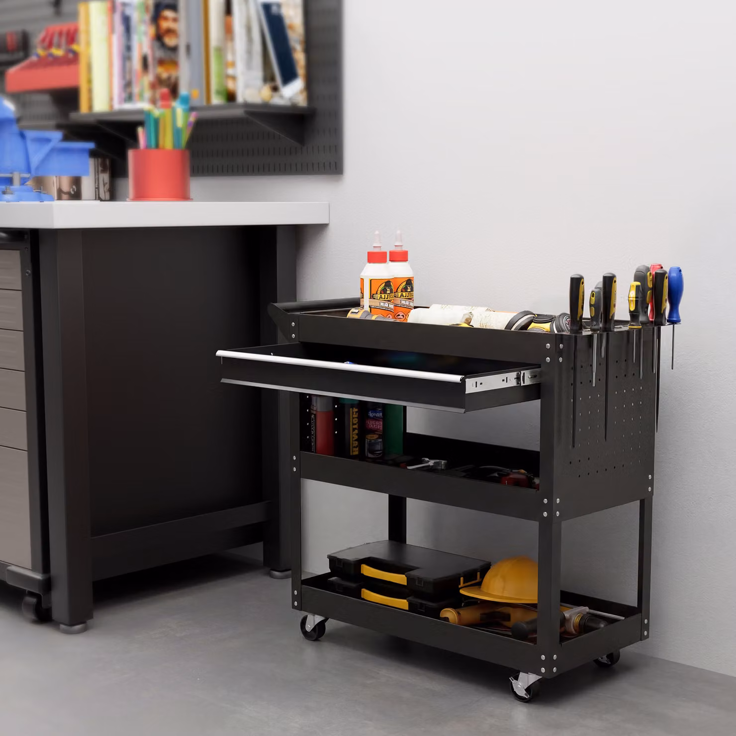 Carrello DURHAND a 3 livelli in acciaio con cassetto, porta utensili laterale e maniglia, Nero – 2