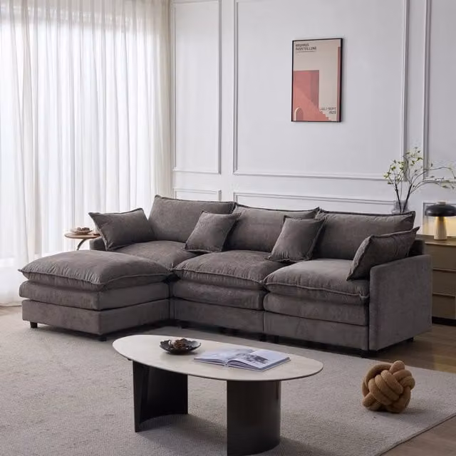 Divano Angolare Modulare con Chaise Longue e Poggiapiedi ¨C MINIMAL ¨C Tessuto Chenille