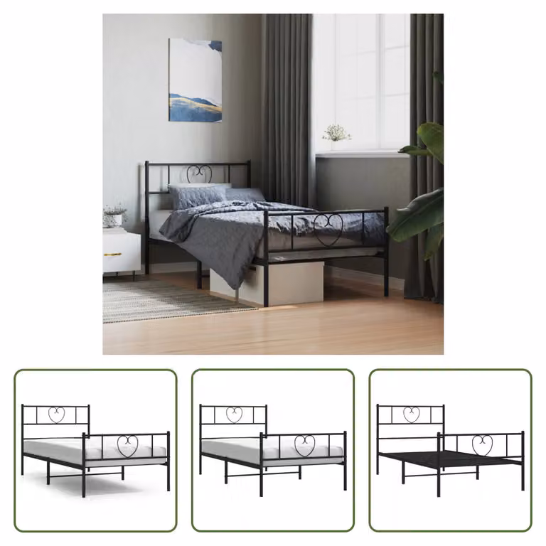 The Living Store Struttura letto con testiera e pediera in metallo nero 100x190 cm