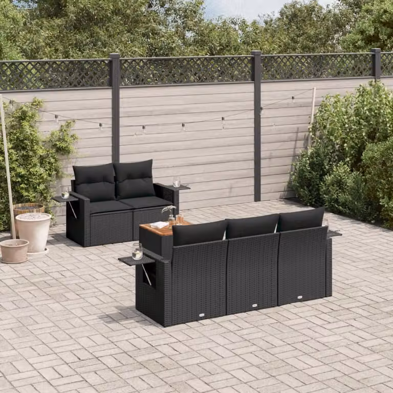 Set Divano da Giardino vidaXL 6 pz in Polyrattan Nero con Cuscini e Tavolino da Caffè