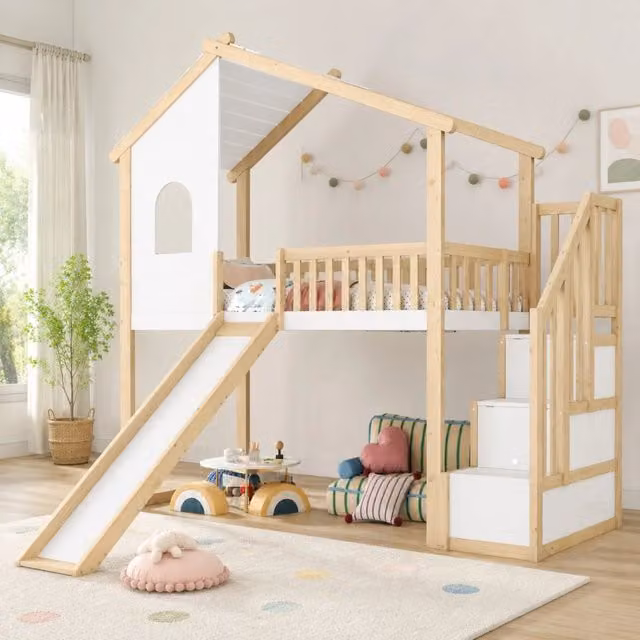 Letto a soppalco per bambini 90x200 cm con scivolo; scala contenitore e sponde in legno naturale e bianco