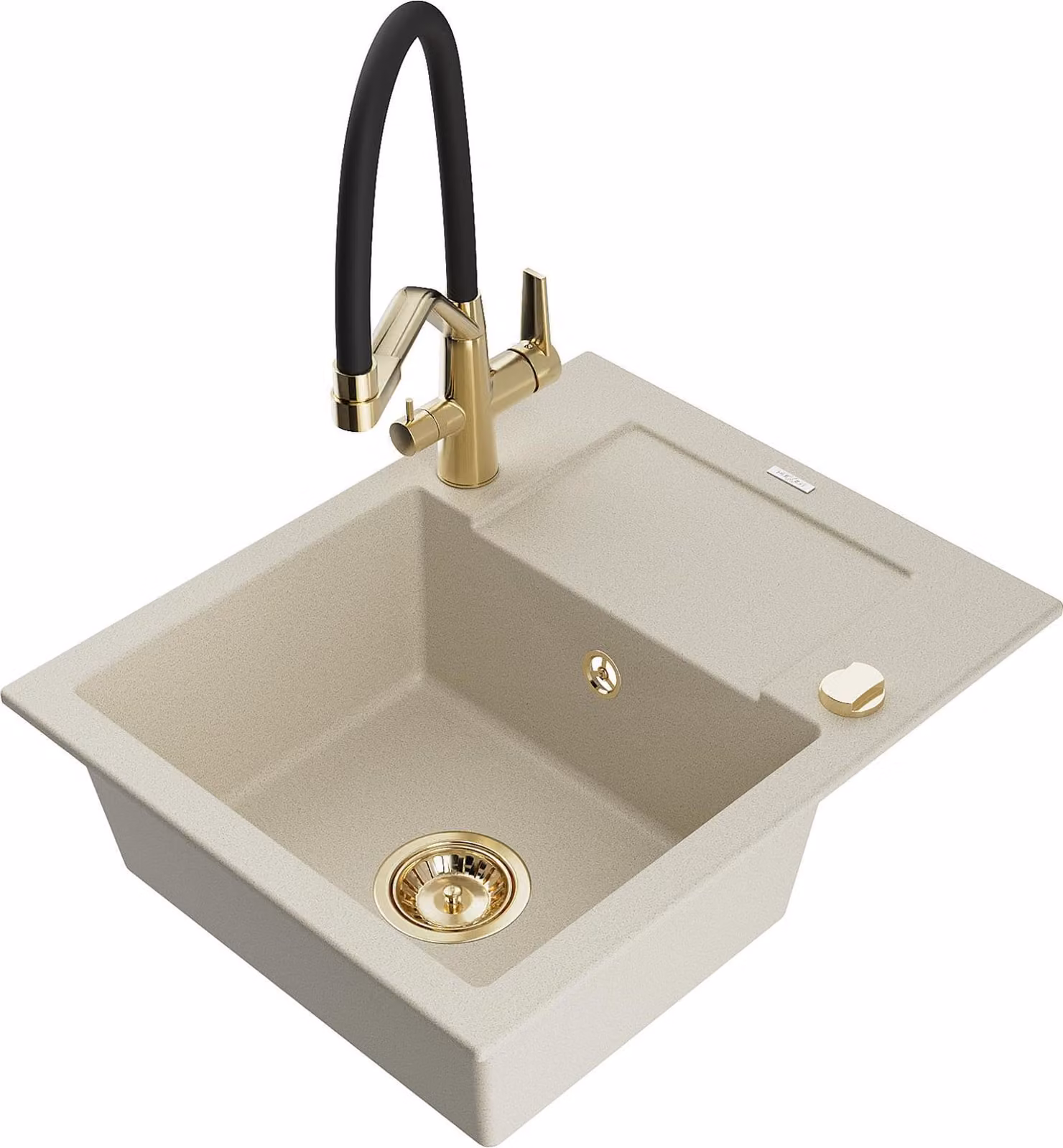 Mexen Enzo lavello da cucina in granito 1-vasca con sgocciolatoio e rubinetto Duo, beige - 6506-69-671701-57-G