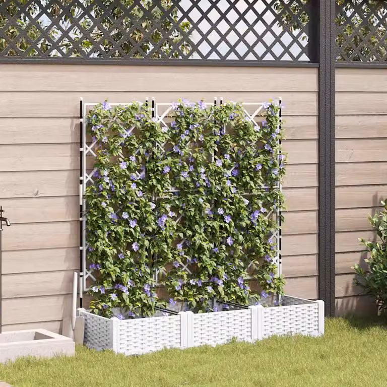 Set di 3 vasi da giardino con trellis vidaXL, colore bianco, in plastica, L 120 cm x P 40 cm x H 125,5 cm