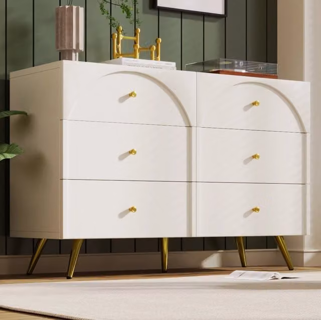 Comò con 6 cassetti crema bianco H85xL120xP40 cm con piedi in metallo per camera e soggiorno