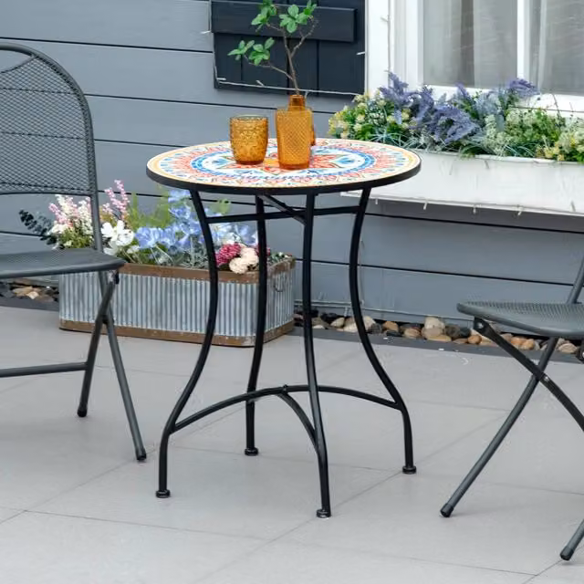 Tavolo da giardino rotondo con piano a mosaico in ceramica e struttura rinforzata in metallo rosso Ø 60 × 71 cm