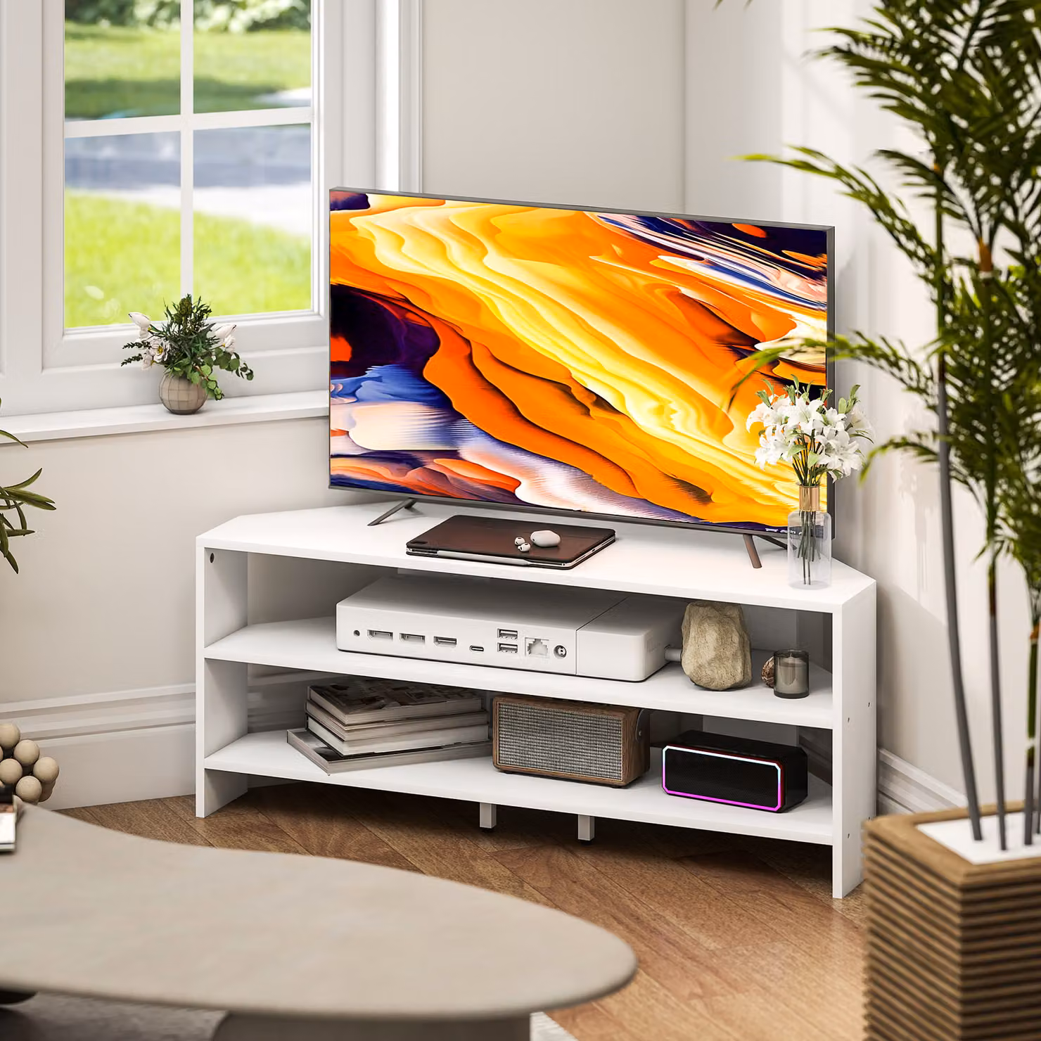 Mobile TV ad angolo HOMCOM in legno bianco con 2 ripiani aperti per TV fino a 47 pollici, L 110 x P 36 x H 45 cm – 2