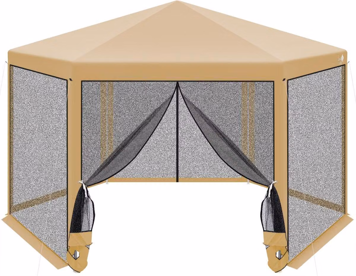 Gazebo da giardino esagonale 2x2x2,5 m con zanzariera, colore beige