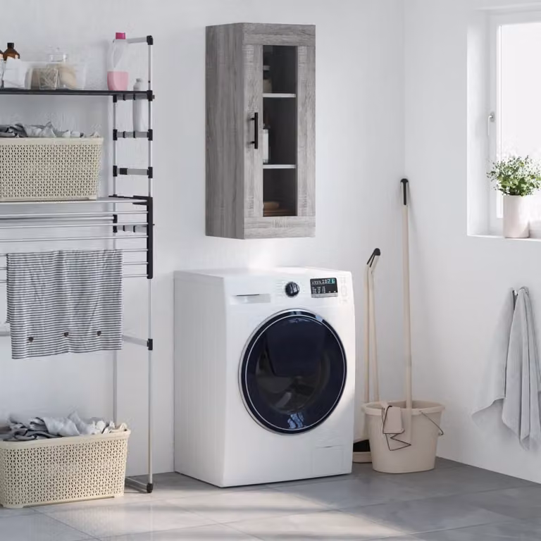 Mobile a parete vidaXL moderno con ante in vetro e ripiani interni, Grigio, L: 34,5 cm, P: 34 cm, H: 90 cm