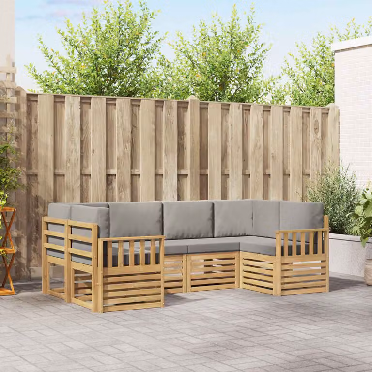 vidaXL Set di divani da esterno a forma di L composto da 5 pezzi in legno di acacia con cuscini bianchi e grigi