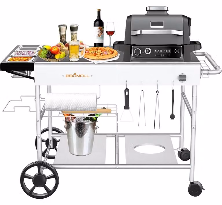 Carrello servitore per griglie con ampia superficie di lavoro, dimensioni 128 x 64 x 78 cm, adatto per forni per pizza, griglie da tavolo e uso esterno