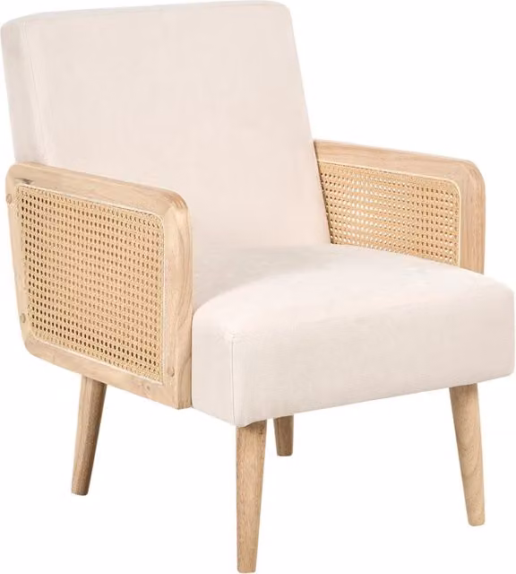 Poltrona tessuto beige chiaro design retrò struttura in legno soggiorno