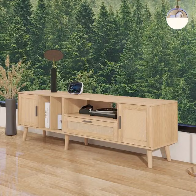 Mobile porta TV OKWISH in rovere con ante in rattan, 1 cassetto e 3 ripiani per soggiorno, L/P/H: 180 x 40 x 54 cm