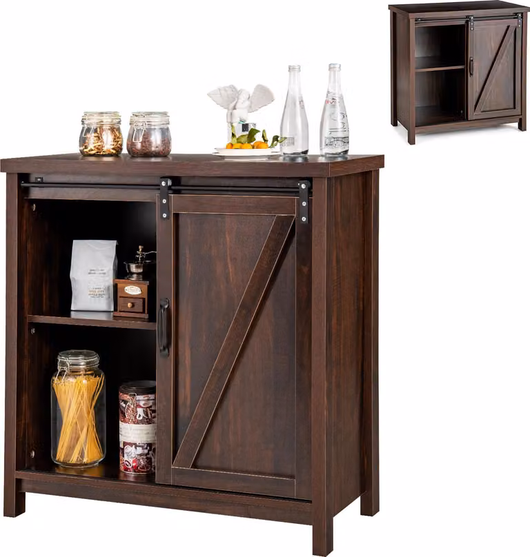 KOMFOTTEU Credenza a 4 ripiani, mobile da cucina moderno con ante scorrevoli, credenza da cucina in stile industriale, mobile da salotto o da ingresso, 80 x 40 x 82 cm, marrone