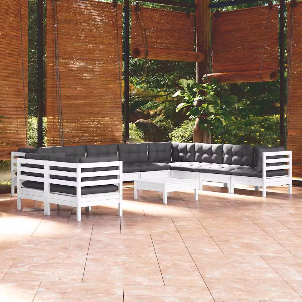Set Divani da Giardino vidaXL 11 pz in Legno di Pino con Cuscini Bianchi e Antracite a Forma di L
