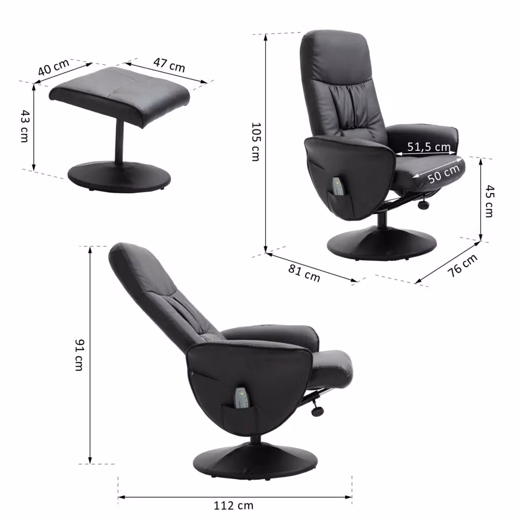 Poltrona relax massaggiante WISHDOR girevole a 360° con poggiapiedi, schienale reclinabile 145°, 10 punti di vibrazione, rivestimento in ecopelle nera – 2