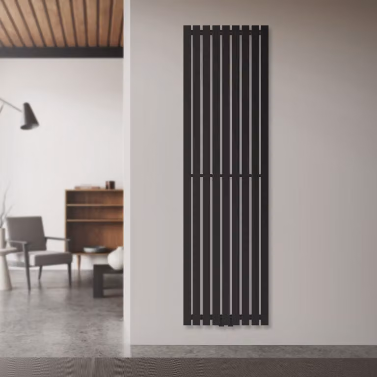 LuxeBath radiatore a pannello Stella attacco centrale Verticale 480x1600 mm Nero opaco incl. set di collegamento con termostato Parete a forma di angolo, senza elemento riscaldante