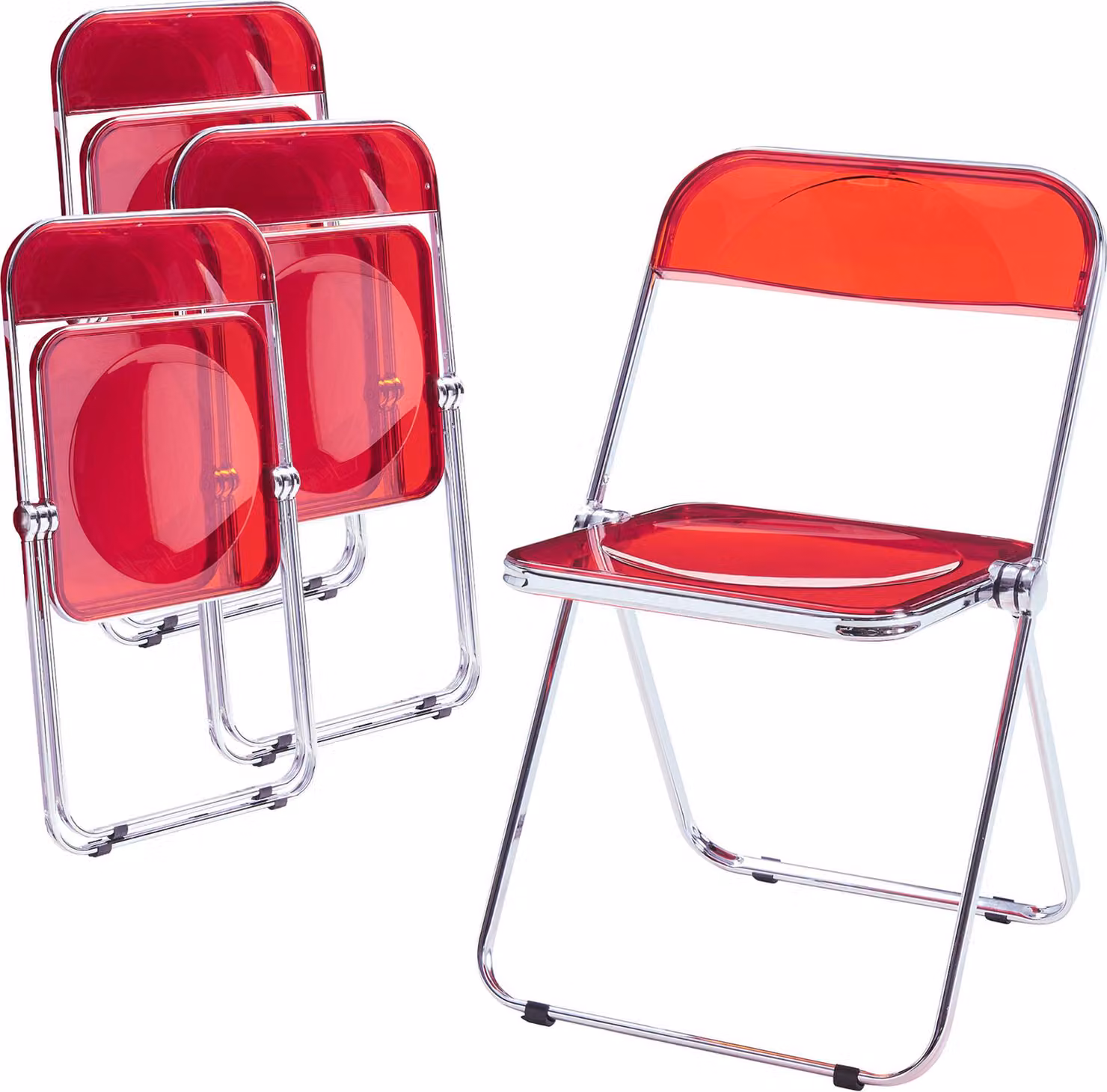 Sedia pieghevole 'Pornainen', set di 4 sedie con struttura in acciaio rosso, trasparente