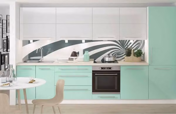 Mobile da cucina laccato Mobile da cucina 340cm bianco / RAL 6027 verde chiaro - RAL 9010 bianco puro laccato lucido