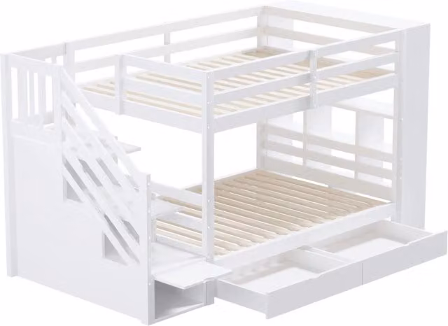Letto a castello 90x200 cm in legno di pino con scala sicura, cassetti e ampi vani contenitori, struttura alta, rete a doghe, colore bianco