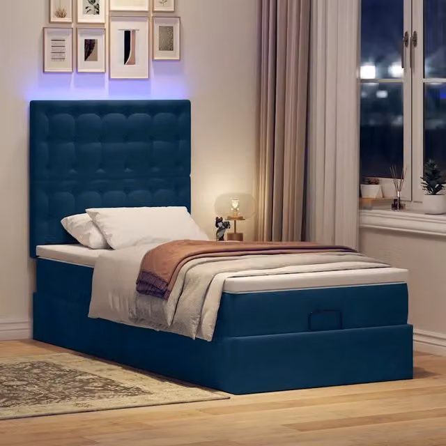 Letto con contenitore a sollevamento vidaXL in velluto blu con porta USB e illuminazione sottostante L: 200 cm, P: 80 cm, H: 140 cm – 1