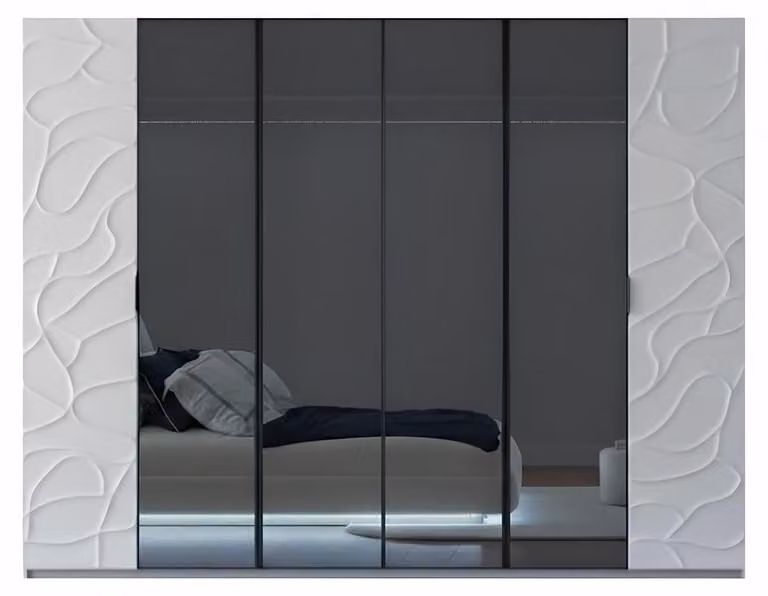 Armadio bianco e nero, stile moderno, frontali in vetro, ante in legno e vetro
