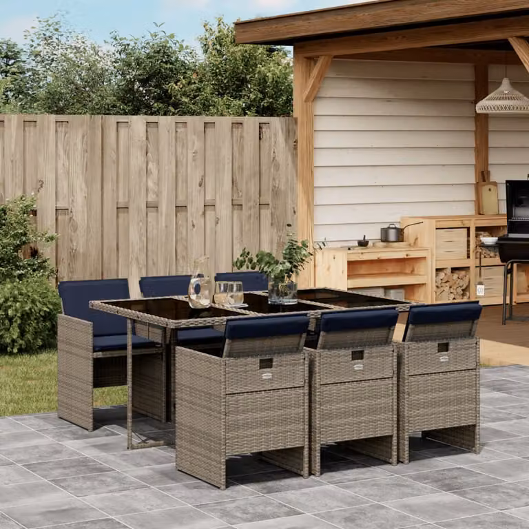Set da pranzo da giardino vidaXL in polyrattan grigio con 7 pezzi, tavolo rettangolare in vetro e cuscini blu