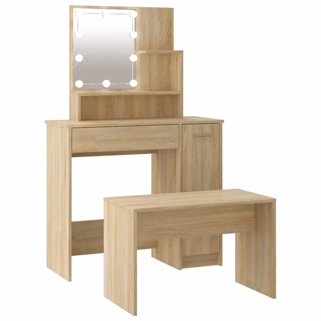 Set Tavolo da Toeletta con LED vidaXL in Legno Rovere Marrone L: 136 cm, P: 35 cm, H: 86,5 cm – 2