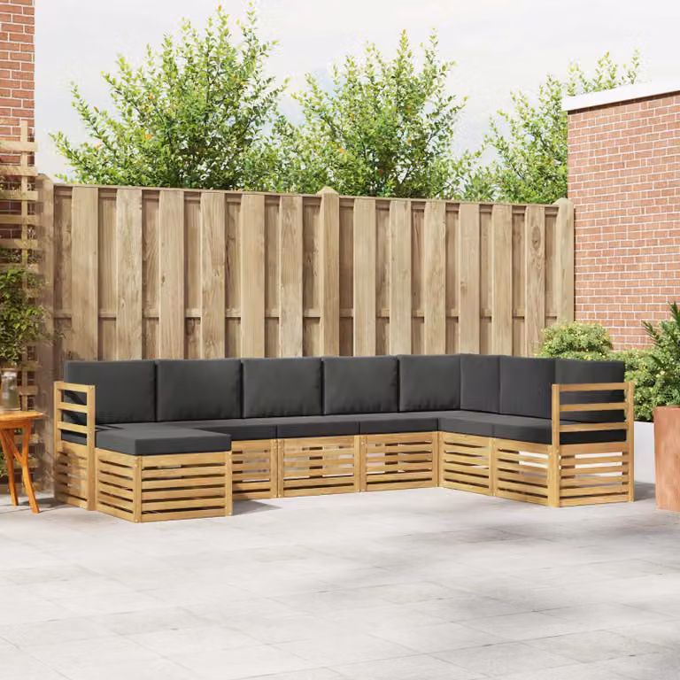 vidaXL Set di divani da esterno a L composto da 8 pezzi in legno di acacia con cuscini bianchi e antracite