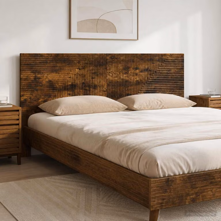 Testiera da muro vidaXL HAARLEM in legno ingegnerizzato Rovere Fumo con ripiano integrato e scomparti laterali, marrone opaco, L: 160 cm, H: 50 cm, P: 14 cm
