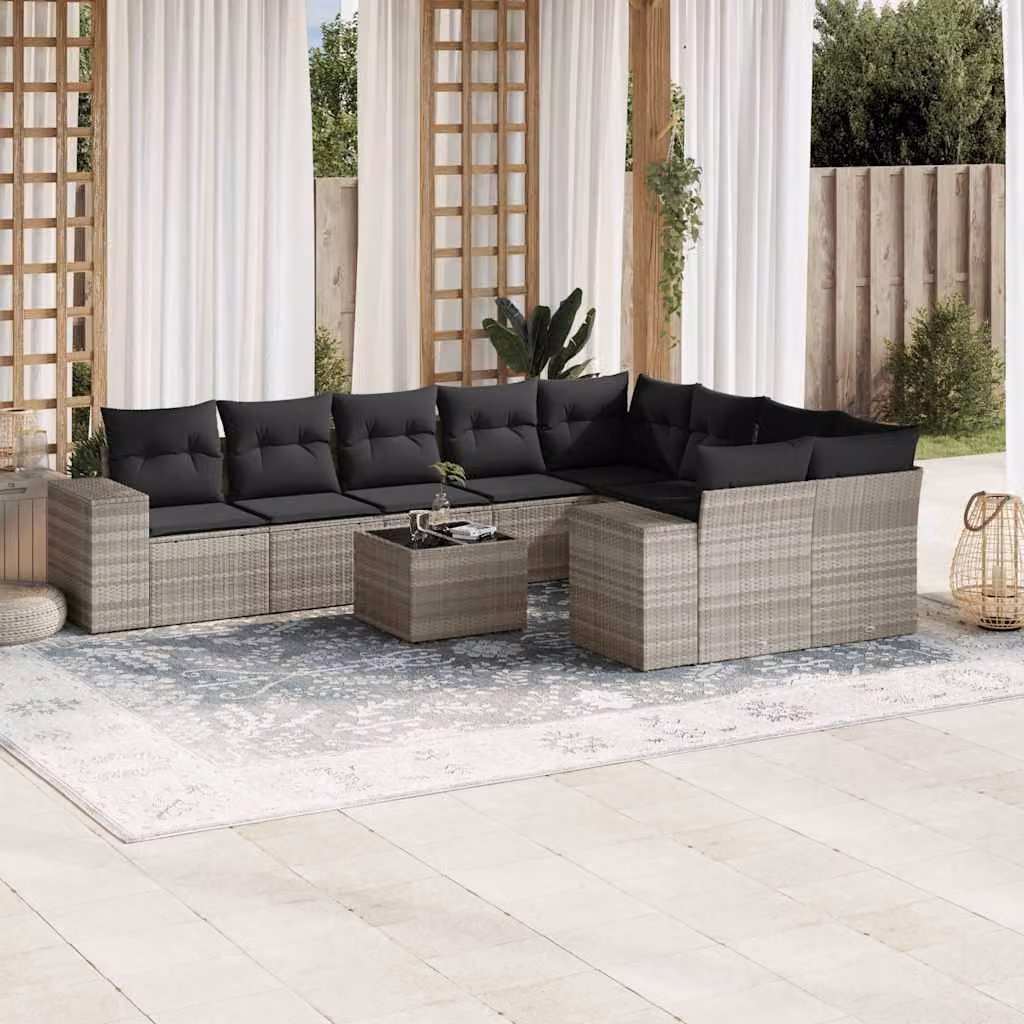 vidaXL Set Divano da Giardino a L con 10 Pezzi, Polyrattan e Cuscini Grigio Chiaro – 1