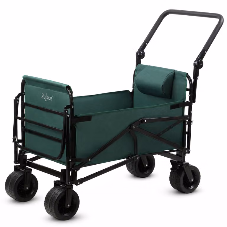 Carrello Zelsius con funzione sdraio, verde, capacità di carico di 100 kg, carrello trasportabile 2in1, lettino da campeggio
