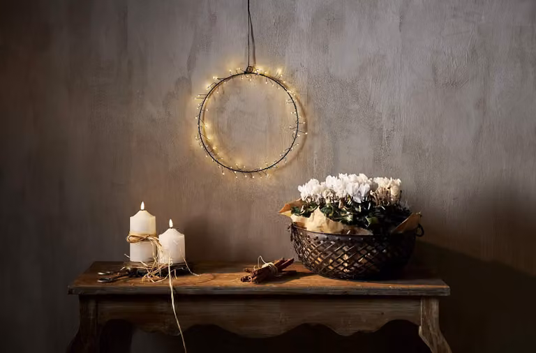 Ghirlanda luminosa a LED, illuminata, in metallo, diametro 30 cm, 80 LED bianco caldo, alimentazione a batteria