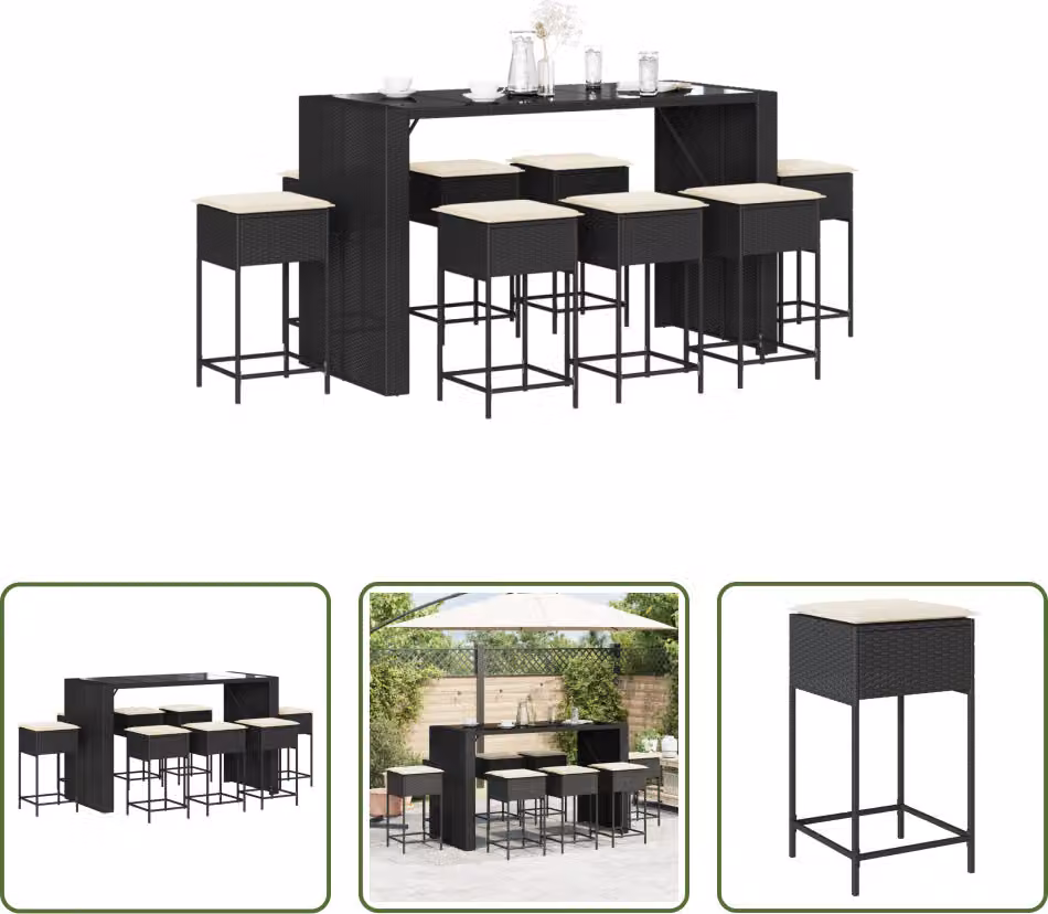 The Living Store Set da bar da giardino da 9 pezzi con cuscini in rattan nero