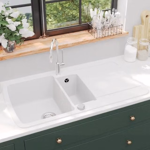 Lavello da cucina a doppia vasca in granito bianco vidaXL L/P/H: 96 x 50 x 31 cm