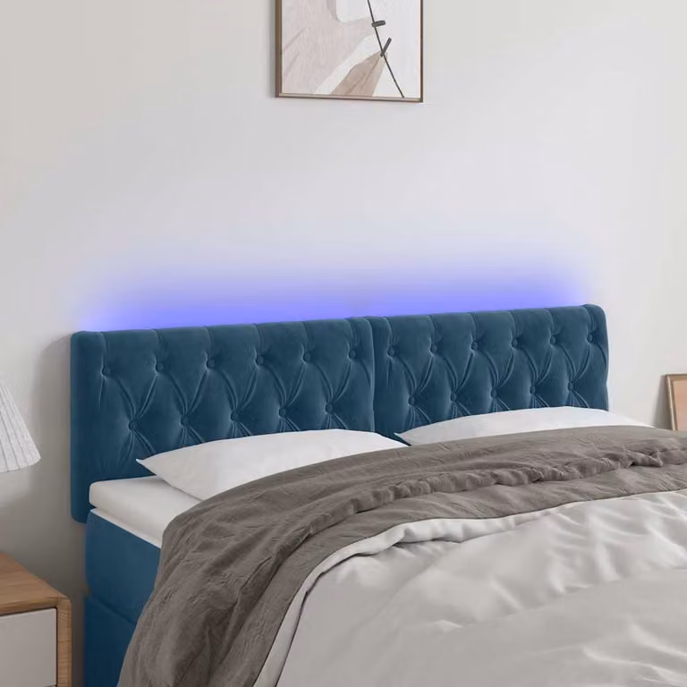 Testiera per letto vidaXL in velluto blu scuro con illuminazione LED e porta di ricarica USB, L: 144 cm, P: 7 cm, H: 78-88 cm