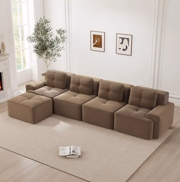 Divano modulare 4 posti con chaise longue in velluto a coste marrone HOMVRA