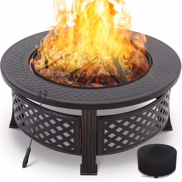 Focolare da esterno rotondo, diametro 80,5 cm - Braciere per esterni - Con protezione antiscintille, griglia, attizzatoio - Resistente agli agenti atmosferici, ideale per barbecue, riscaldamento, terrazza, falò
