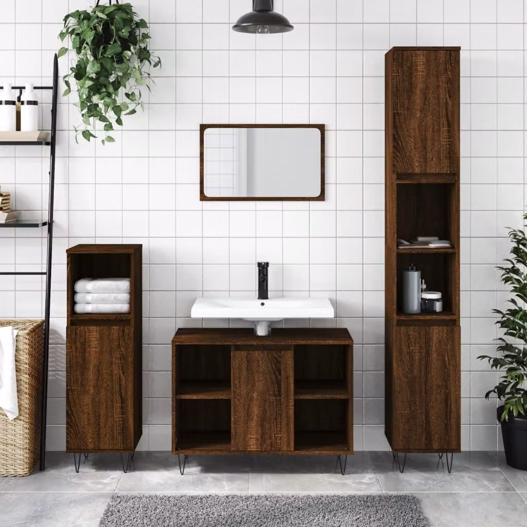 Armadietto da bagno vidaXL in stile industriale con ante a battente e ripiani interni, Rovere e Nero, L/P/H: 30 x 30 x 100 cm