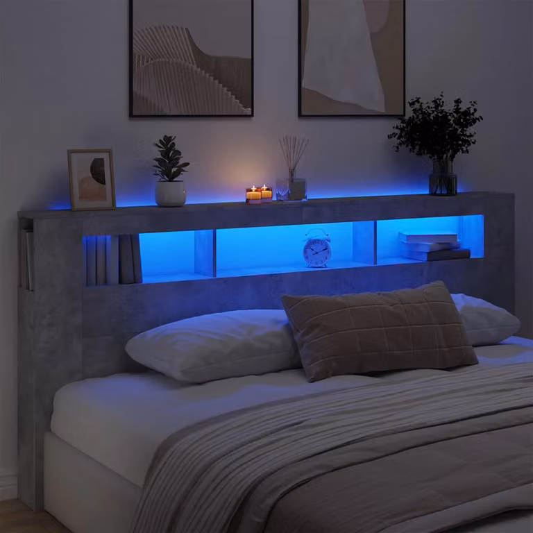 Testiera con LED e porta USB vidaXL in legno, Grigio, L: 220 cm, P: 18,5 cm, H: 103,5 cm