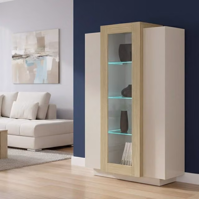 Vetrina Espositore Severino DMORA con 7 Ripiani e Ante in Vetro, Beige, L: 80 cm, P: 38 cm, H: 120.5 cm