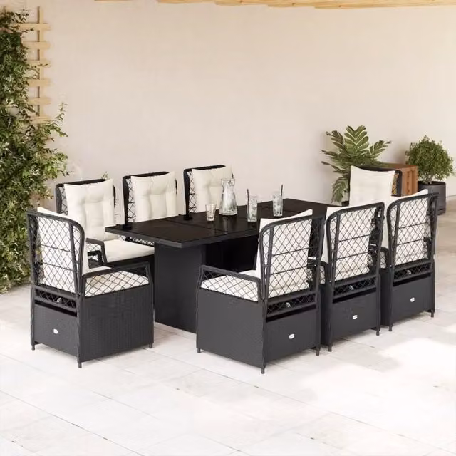 Set da Pranzo da Giardino 9 pz con Cuscini Nero in Polyrattan 3262923