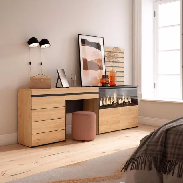Tavolo da toeletta, 234x35x145cm, Con cassetto, Camino elettrico XXL, Cassettiera, Pannelli Decorativi, colore Rovere RF3473