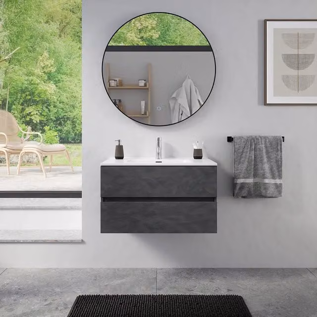Mobile da bagno sospeso 60 cm effetto cemento scuro con lavabo| Yili