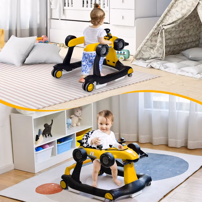 Costway Primi passi 4 in 1 per neonati con altezza e velocità regolabili, deambulatore a spinta con carillon e luci, Giallo