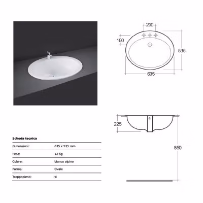 Lavabo da incasso soprapiano Rak modello Cherry in ceramica bianca, forma ovale, L: 63,5 cm, P: 53,5 cm, H: 22,5 cm – 2