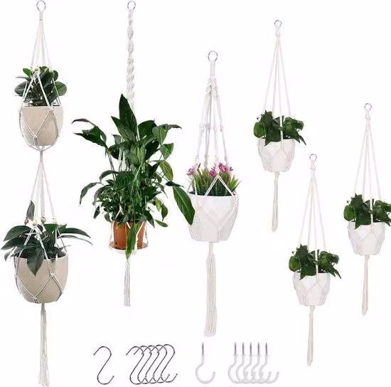 Set di 6 portavasi in plastica - corda sintetica - supporti da parete - vasi decorativi - per interni ed esterni