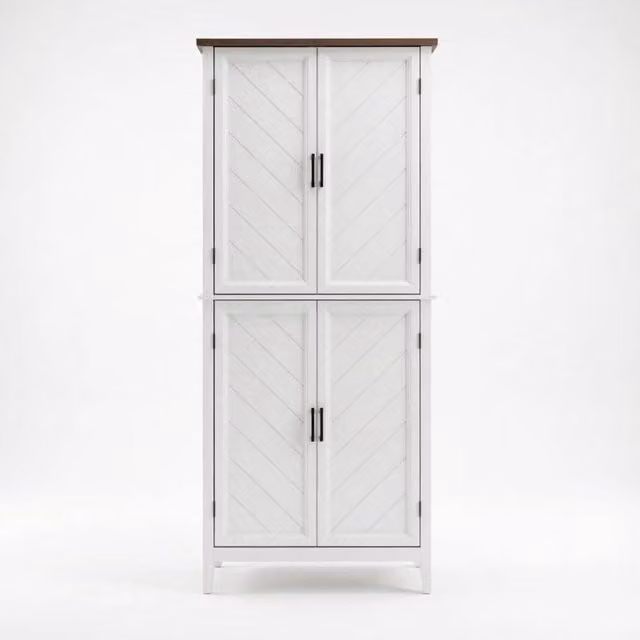 Buffet alto 6 livelli con 4 ante vetrate e 4 ripiani regolabili, MDF bianco e legno marrone, 76x40x178,5 cm