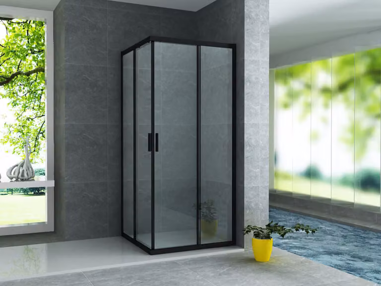 Cabina doccia angolare con porta scorrevole, struttura nera opaca, dimensioni 80x80x195 cm